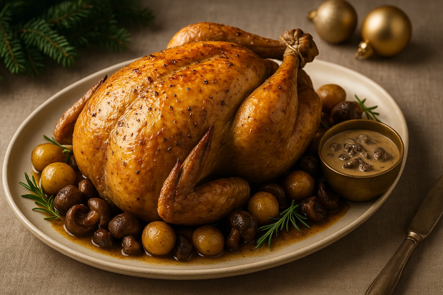 Poularde de Noël rôtie aux morilles et au champagne